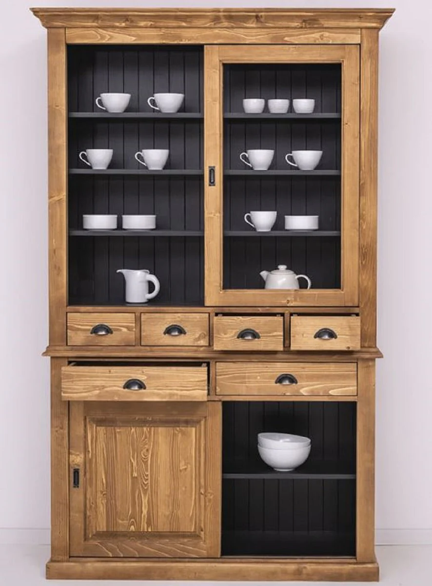 Landhausstil Esszimmerschrank Braun / schwarz 142 x 48 x H. 225 cm - Massivholz Küchenschrank - Landhausstil Esszimmer Möbel
