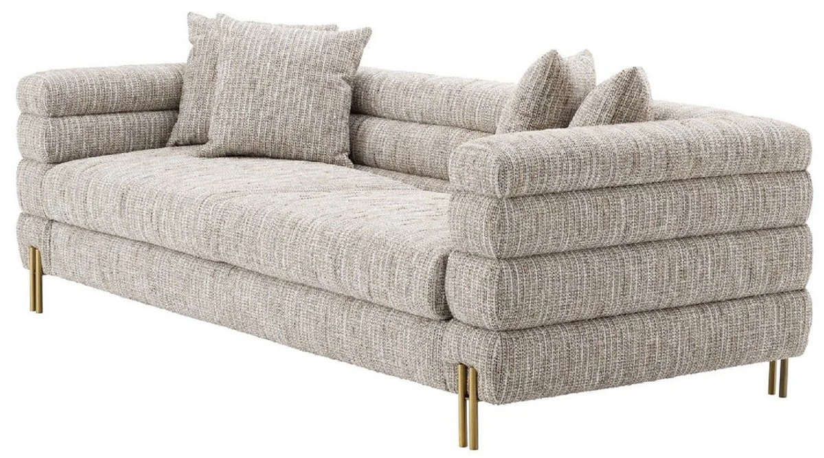 Luxus Sofa mit Kissen Beige / Messingfarben 230 x 97 x H. 69 cm - Wohnzimmer Sofa - Hotel Sofa - Luxus Möbel