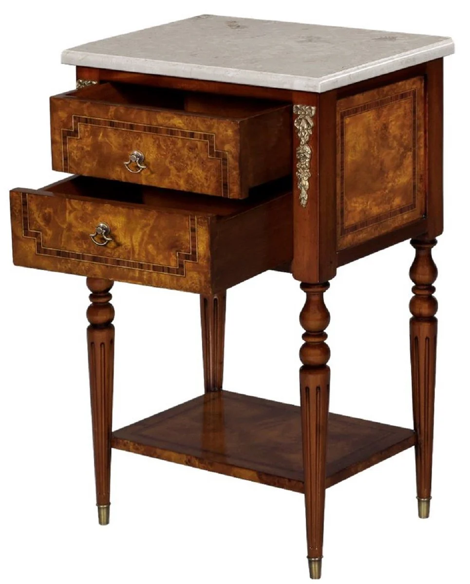 Luxus Barock Beistelltisch Hellbraun / Braun / Cremefarben 42 x 31 x H. 68 cm - Massivholz Tisch mit Marmorplatte - Nachttisch - Nachtkommode - Barock Möbel