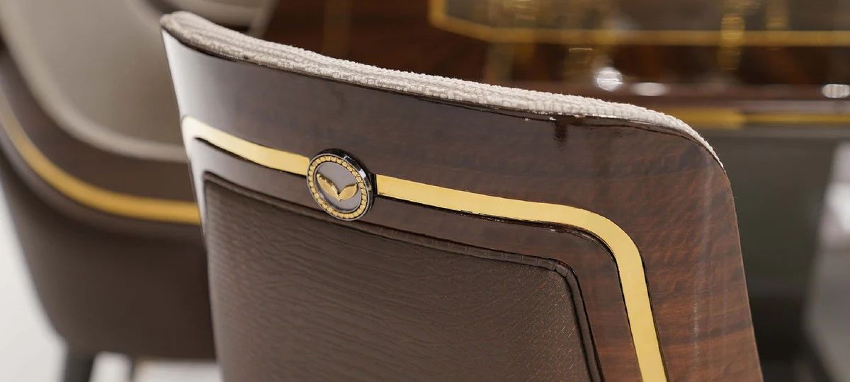 Luxus Esszimmer Set Grau / Braun / Gold - 1 Esstisch & 10 Esszimmerstühle - Luxus Esszimmer Möbel - Luxus Qualität