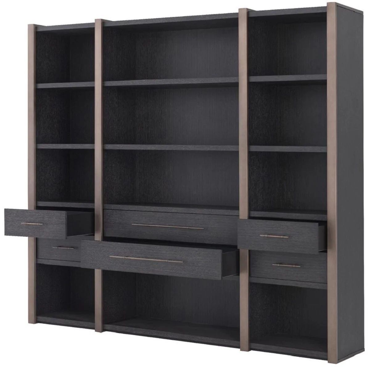 Luxus Regalschrank mit 6 Schubladen Anthrazitgrau / Bronzefarben 253 x 47 x H. 229 cm - Bücherschrank - Wohnzimmerschrank - Büroschrank - Luxus Schrank