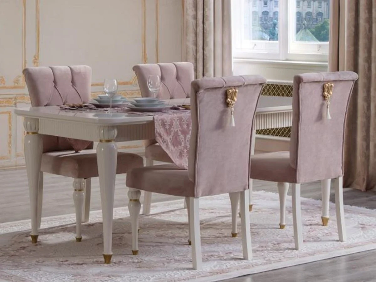 Luxus Barock Esszimmer Set Rosa / Weiß / Gold - 1 Esstisch & 6 Esszimmerstühle - Barock Esszimmer Möbel