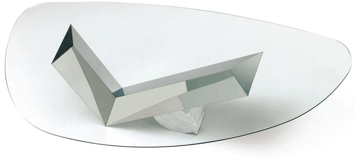 Designer Esstisch Silber / Weiß 240 x 115 x H. 75 cm - Esszimmertisch mit Glasplatte - Moderne Esszimmer Möbel - Luxus Kollektion