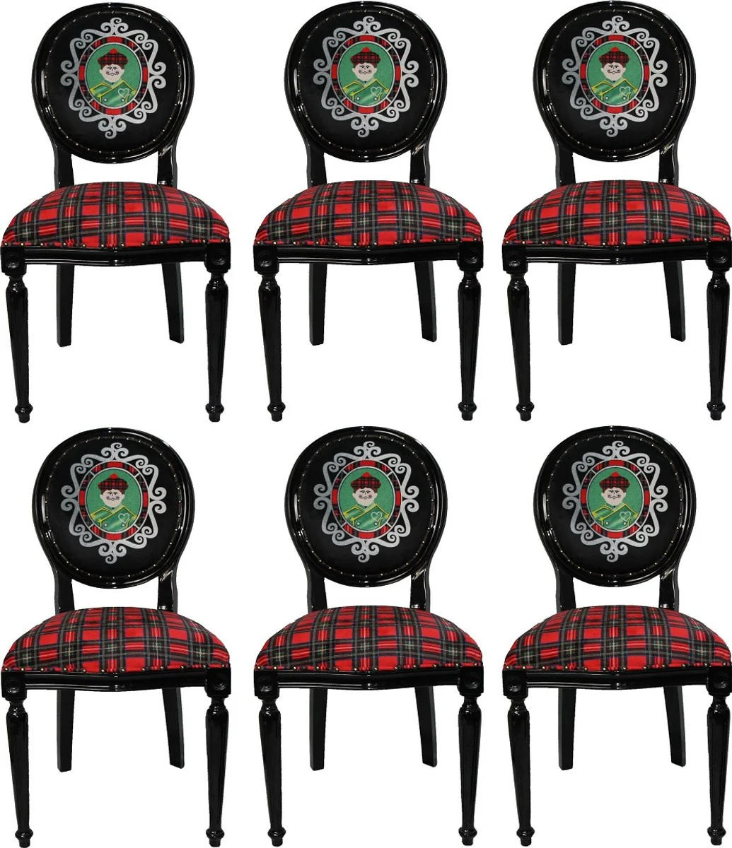 Luxus Barock Esszimmer Set Schottland Mann Mehrfarbig / Schwarz 48 x 50 x H. 98 cm - 6 handgefertigte Esszimmerstühle - Barock Esszimmermöbel