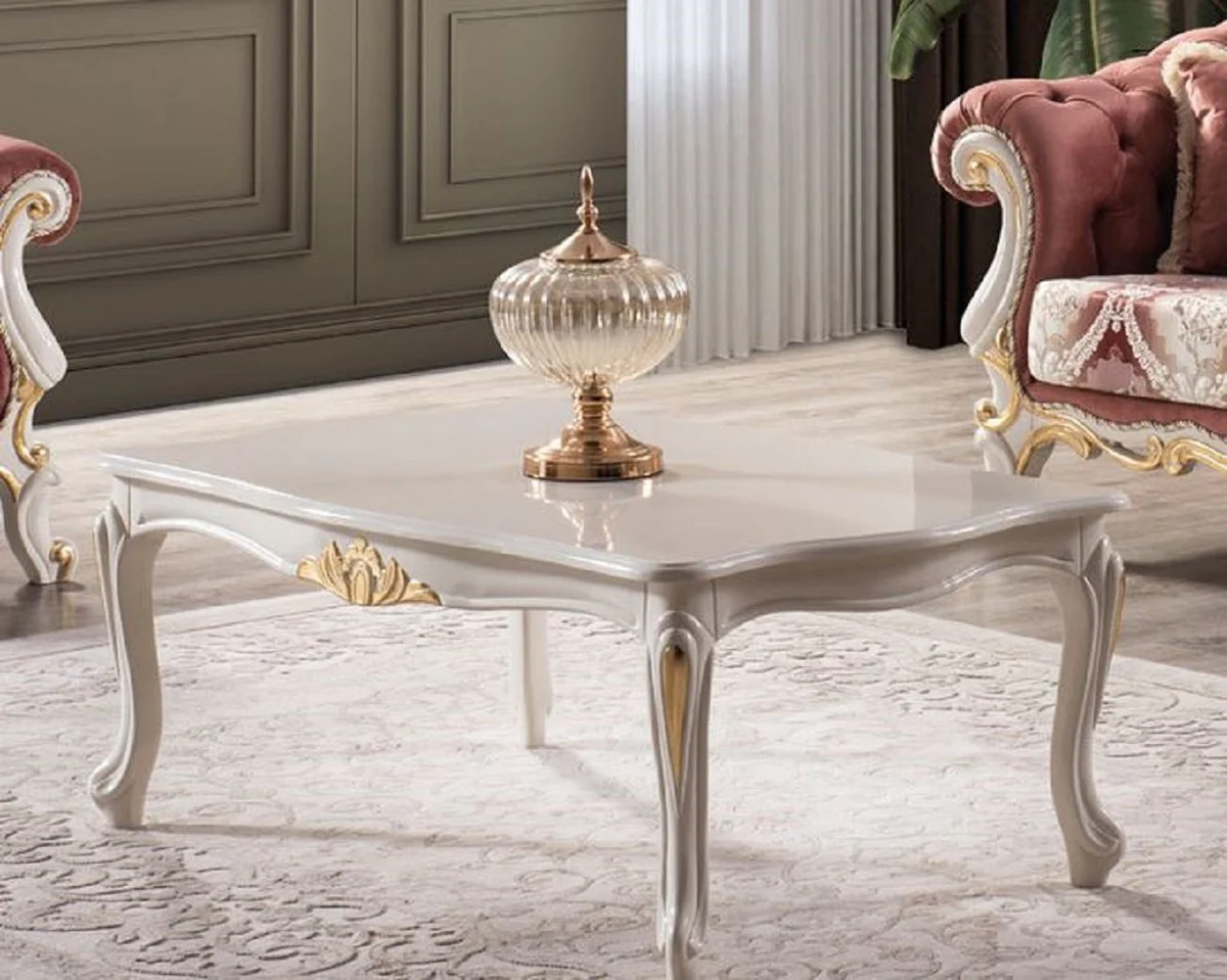 Luxus Barock Couchtisch Weiß / Gold - Handgefertigter Massivholz Wohnzimmertisch im Barockstil - Edle Wohnzimmer Möbel im Barockstil