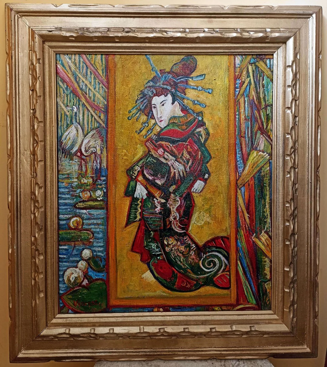 Vintage Öl Gemälde nach Vincent van Gogh Cortesan Japanese Woman 83.5 x 73.5 cm - Authentisches Antik Gemälde nach Original - Handgemalt