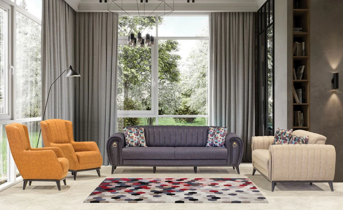 Luxus Schlafsofa Lila / Schwarz / Gold 222 x 90 x H. 80 cm - Modernes Wohnzimmer Sofa - Luxus Wohnzimmer Möbel