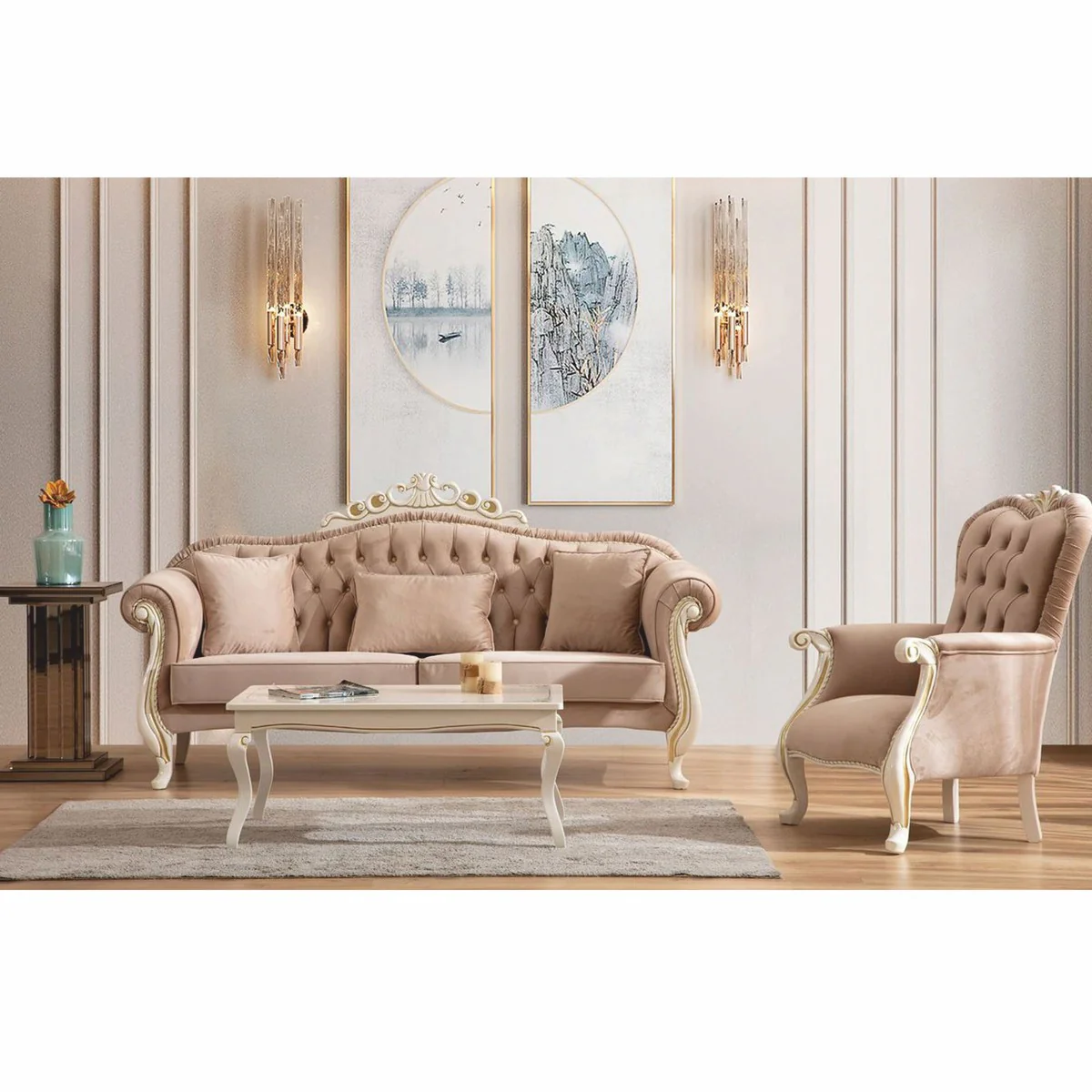 Luxus Barock Wohnzimmer Sofa Hellbraun / Weiß / Gold 210 cm - Barockstil Möbel