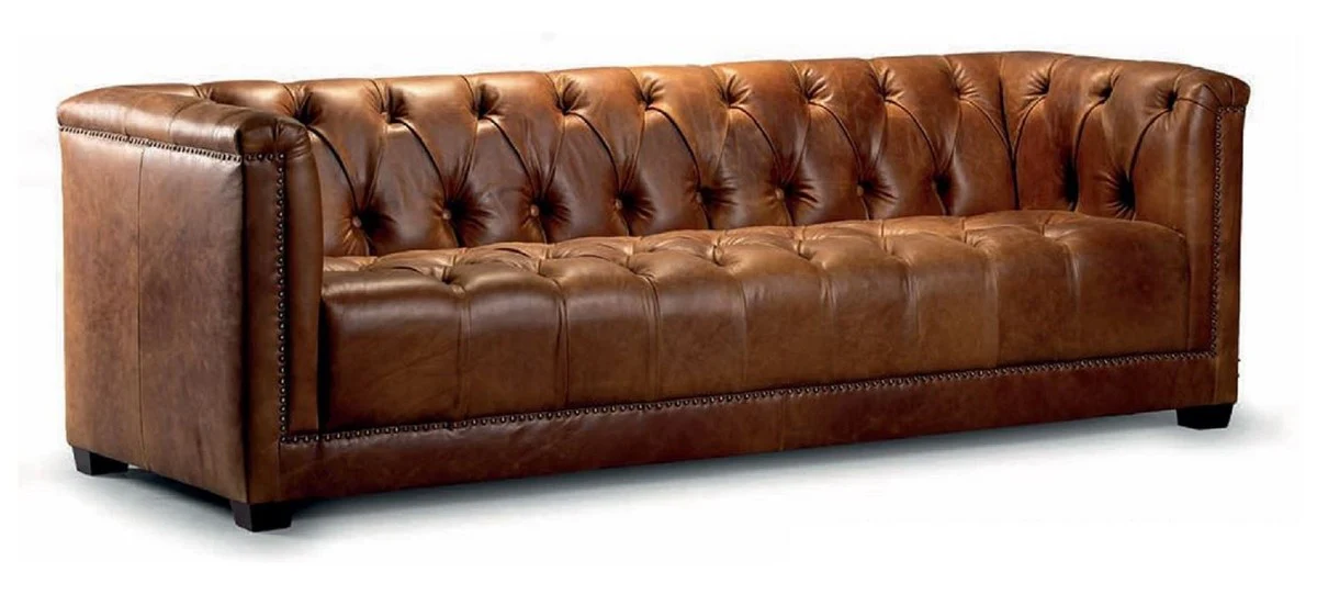 Luxus Chesterfield Echtleder 3er Sofa Vintage Braun 203 cm