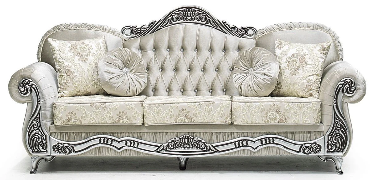 Luxus Barock Sofa Grau / Creme / Silber / Schwarz - Prunkvolles Wohnzimmer Sofa mit elegantem Muster und Glitzersteinen - Luxus Wohnzimmer Möbel im Barockstil - Barock Möbel