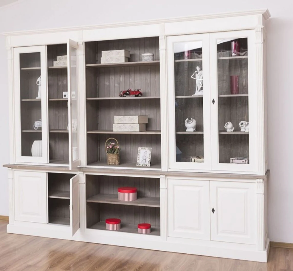 Landhausstil Bücherschrank Weiß / Braungrau 286 x 51 x H. 228 cm - Massivholz Schrank - Wohnzimmerschrank - Büroschrank - Landhausstil Möbel