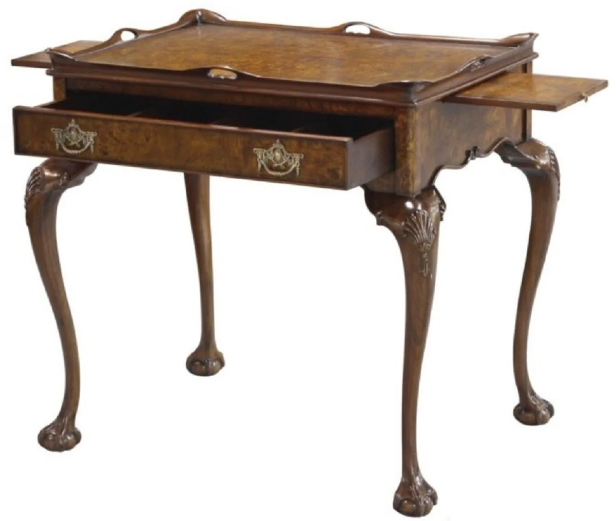 Luxus Jugendstil Beistelltisch mit Schublade und abnehmbarem Tablett Braun 78 x 57 x H. 78 cm - Eleganter Teetisch - Barock & Jugendstil Wohnzimmer Möbel - Luxus Qualität