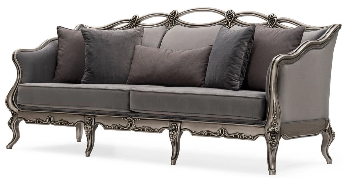 Luxus Barock Wohnzimmer Sofa Grau / Silber - Handgefertigtes Barockstil Sofa mit dekorativen Kissen - Luxus Wohnzimmer Möbel im Barockstil - Barock Möbel - Edel & Prunkvoll