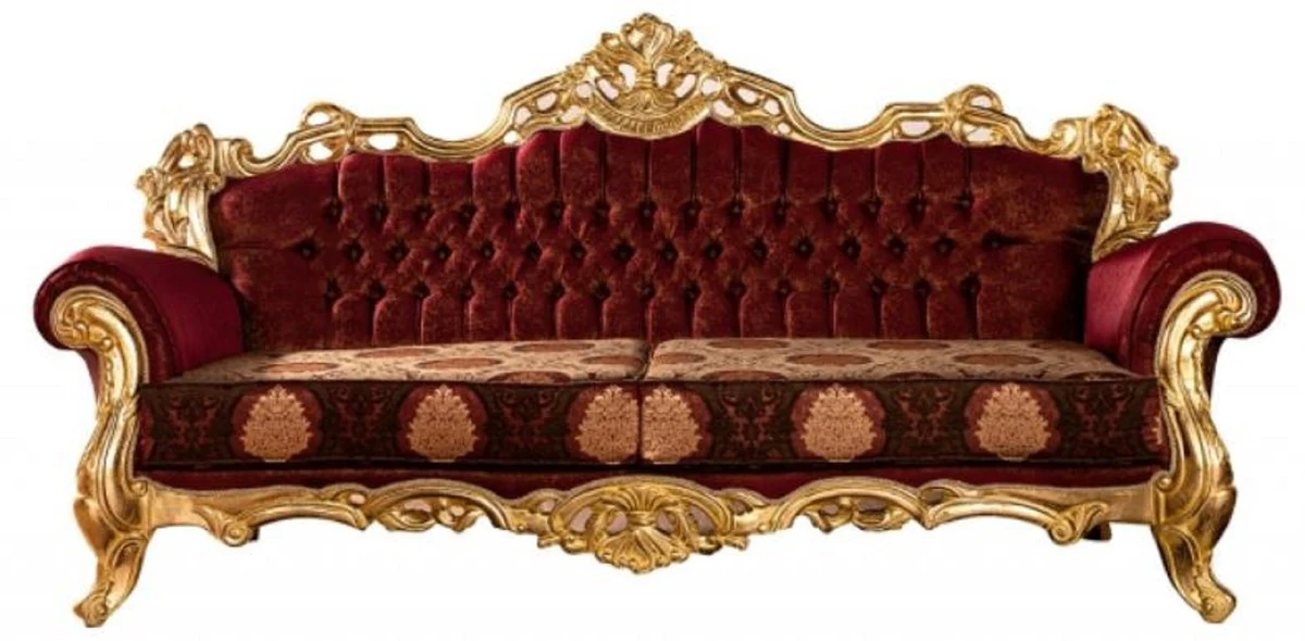 Luxus Barock Sofa Bordeauxrot / Gold - Prunkvolles Wohnzimmer Sofa mit elegantem Muster - Barock Wohnzimmer Möbel