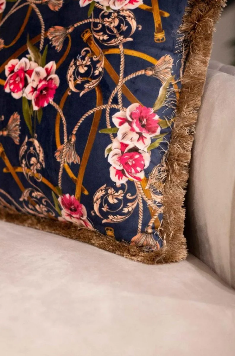 Luxus Deko Kissen Barock Blumen Design Blau / Mehrfarbig / Braun 45 x 45 cm - Bedrucktes Samt Kissen mit Fransen - Deko Accessoires