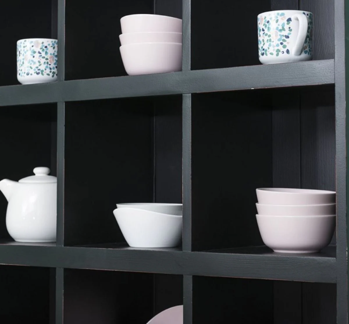 Landhausstil Schrank Antik Schwarz 97 x 40 x H. 210 cm - Massivholz Regalschrank mit 2 Türen und 6 Schubladen - Möbel im Landhausstil