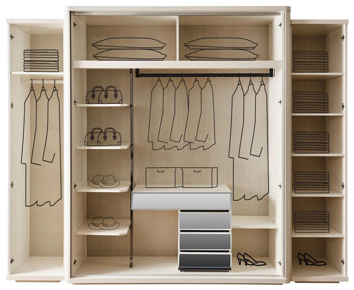 Luxus Art Deco Schlafzimmerschrank Weiß / Bronze 280 x 60 x H. 229 cm - Verspiegelter Kleiderschrank mit 4 Türen - Schlafzimmer Möbel - Art Deco Möbel - Luxus Möbel - Luxus Einrichtung