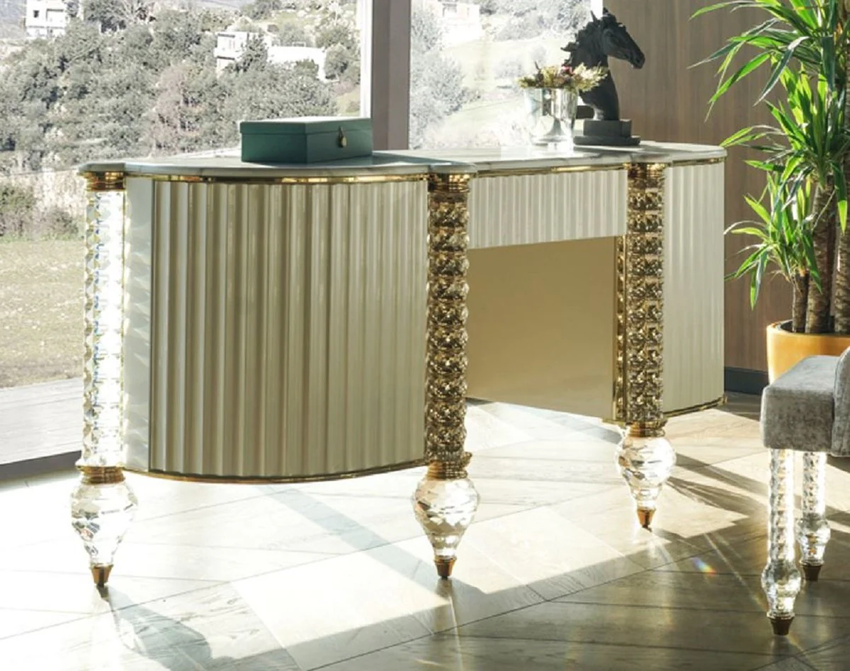 Luxus Art Deco Schminkkommode Weiß / Gold 188 cm - Luxus Art Deco Schlafzimmer Möbel