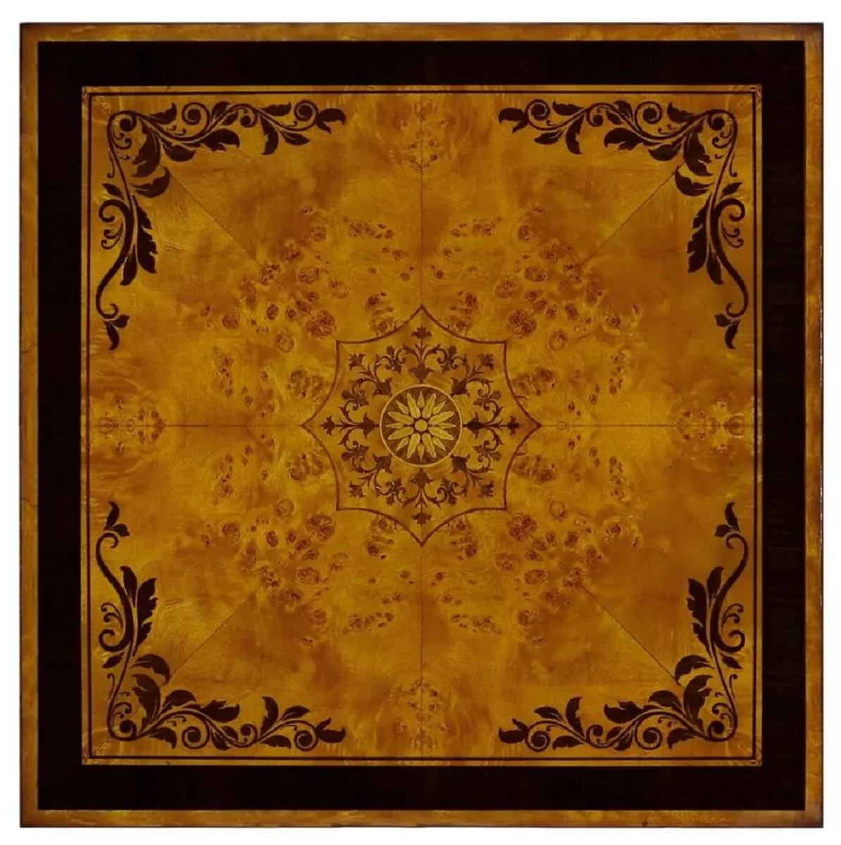 Luxus Art Deco Beistelltisch Naturfarben / Braun Intarsien / Silber / Antik Messing 61 x 61 x H. 77 cm - Quadratischer Massivholz Tisch mit Schublade - Luxus Art Deco Wohnzimmer Möbel