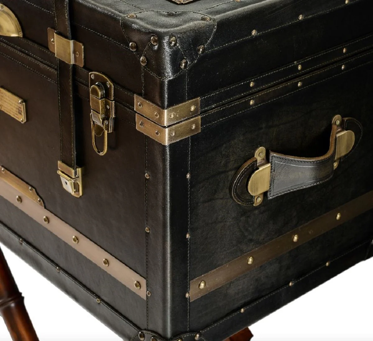 Luxus Minibar in Koffer Optik Schwarz / Braun / Messing 62 x 42 x H. 99 cm - Minibar mit edlem Echtleder - Bar Möbel - Luxus Möbel in Koffer Optik