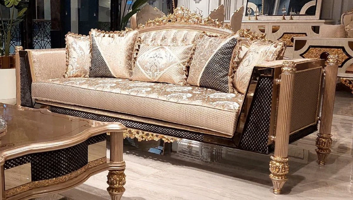 Luxus Barock Wohnzimmer Sofa Gold / Schwarz / Grau / Gold - Handgefertigtes Barockstil Sofa - Luxus Wohnzimmer Möbel im Barockstil - Barock Möbel - Edel & Prunkvoll