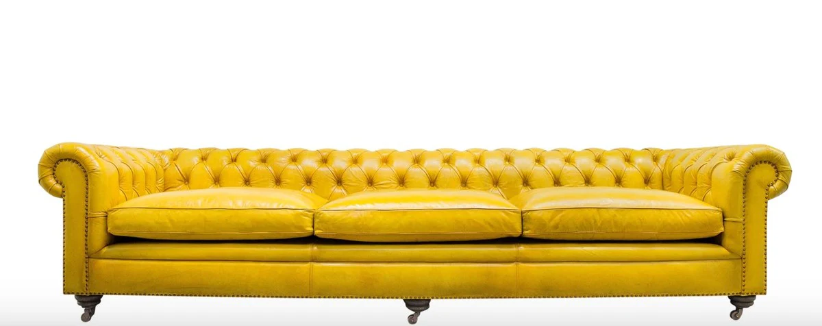 Luxus Chesterfield 3er Sofa Gelb 320 x 110 x H. 71 cm - Luxus Leder Möbel