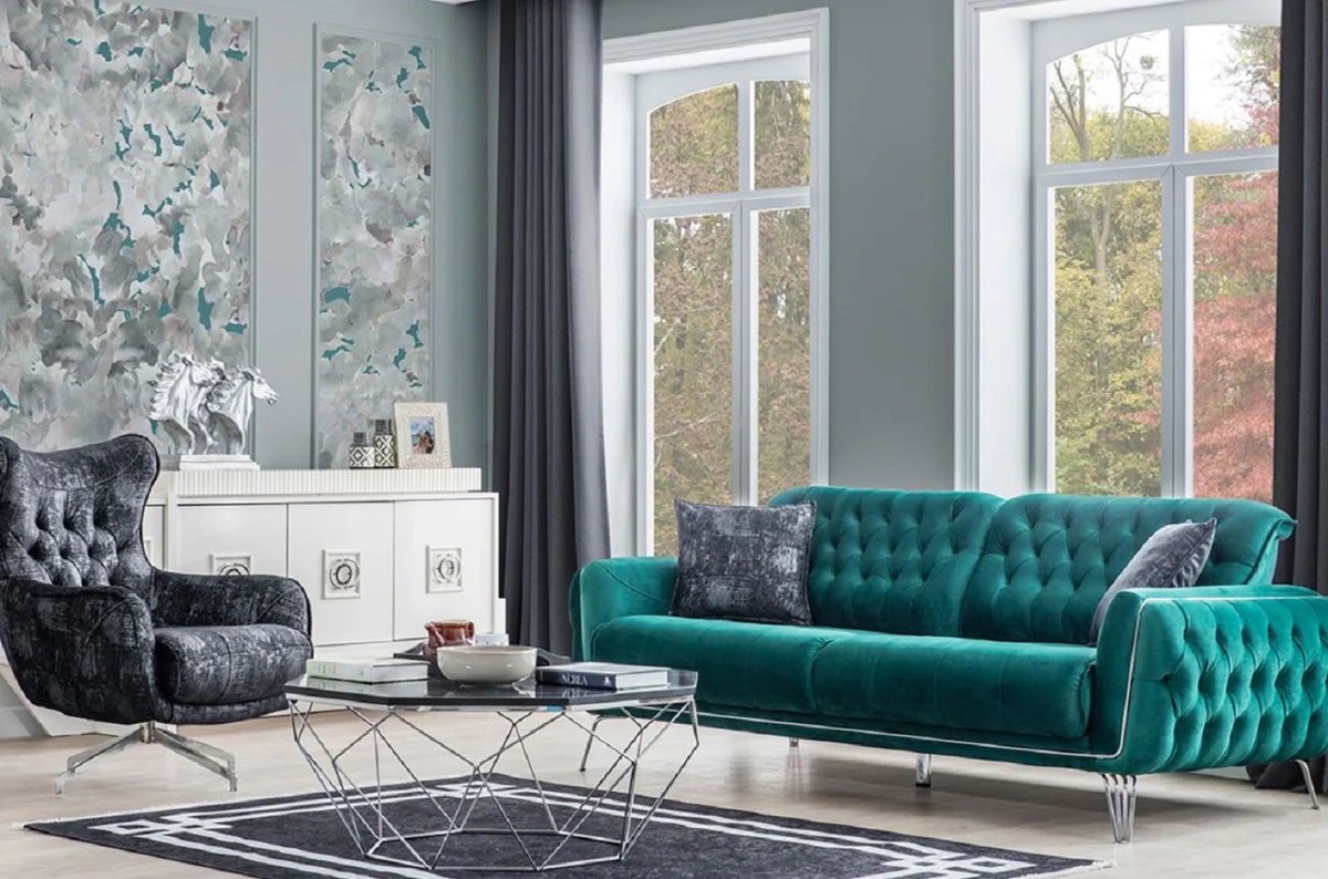 Luxus Chesterfield Drehsessel Schwarz / Grau / Silber 86 x 82 x H. 100 cm - Wohnzimmer Sessel - Chesterfield Wohnzimmer Möbel