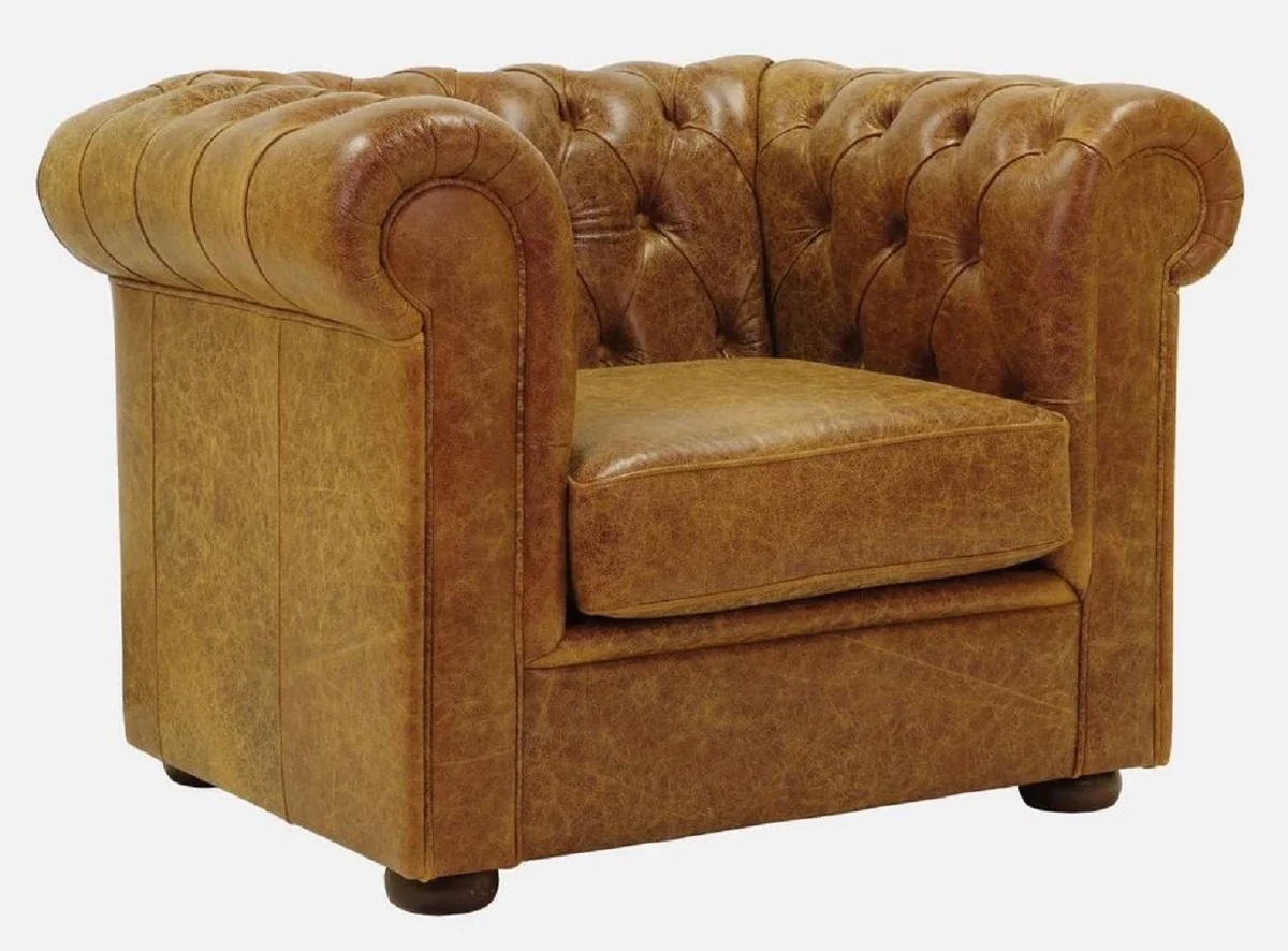 Luxus Chesterfield Leder Sessel Vintage Braun / Dunkelbraun 105 x 95 x H. 80 cm - Chesterfield Echtleder Wohnzimmer Sessel - Chesterfield Möbel - Echtleder Möbel - Luxus Möbel