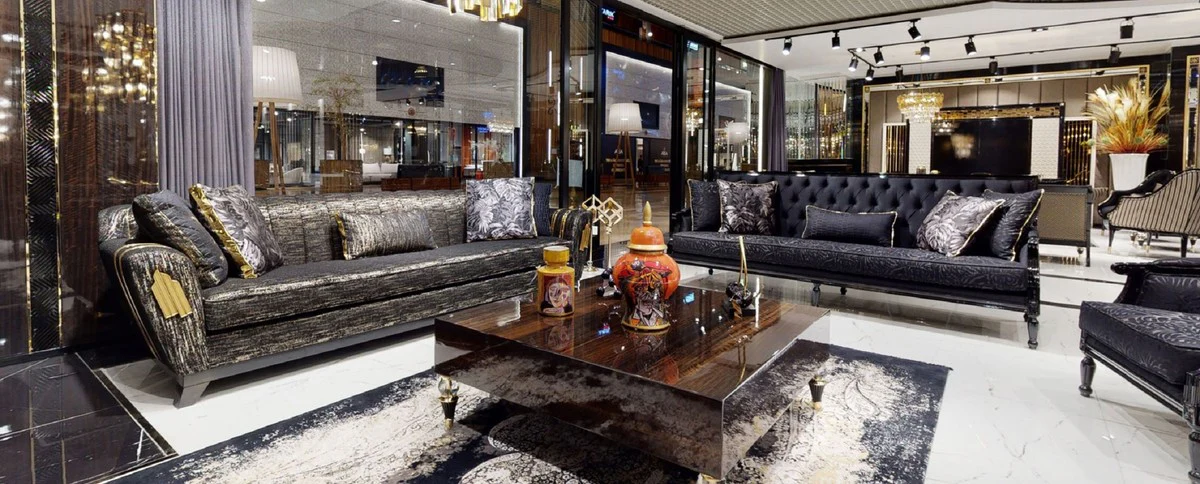 Luxus Couchtisch Dunkelbraun / Schwarz / Gold 110 x 110 x H. 40 cm - Quadratischer Wohnzimmertisch - Wohnzimmer Möbel - Massivholz Möbel - Luxus Möbel - Luxus Einrichtung