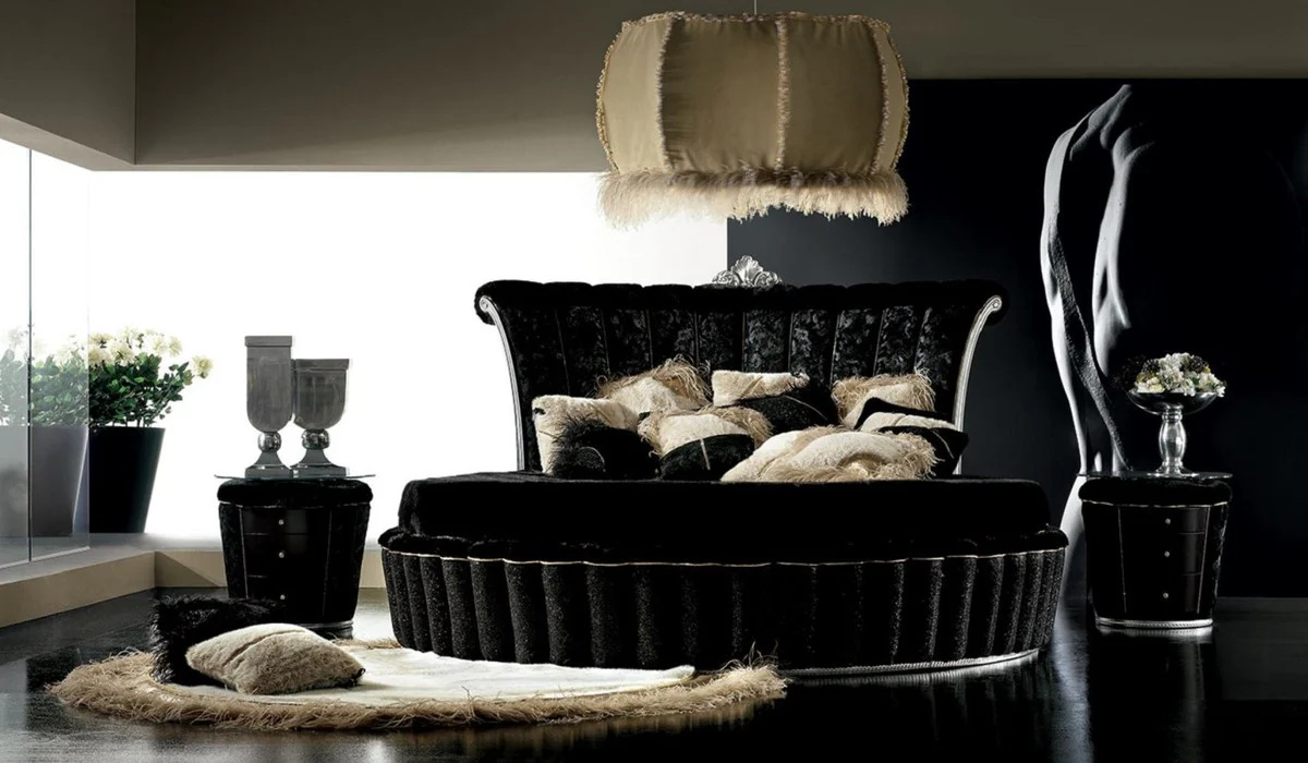 Luxus Barock Rundbett Schwarz / Silber - Rundes Barock Bett mit Matratze - Prunkvolle Barock Schlafzimmer & Hotel Möbel - Erstklassische Qualität - Made in Italy