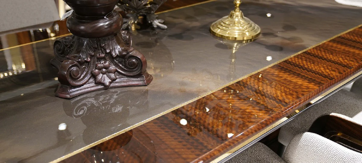 Luxus Esszimmer Set Grau / Braun / Gold - 1 Esstisch & 10 Esszimmerstühle - Luxus Esszimmer Möbel - Luxus Qualität