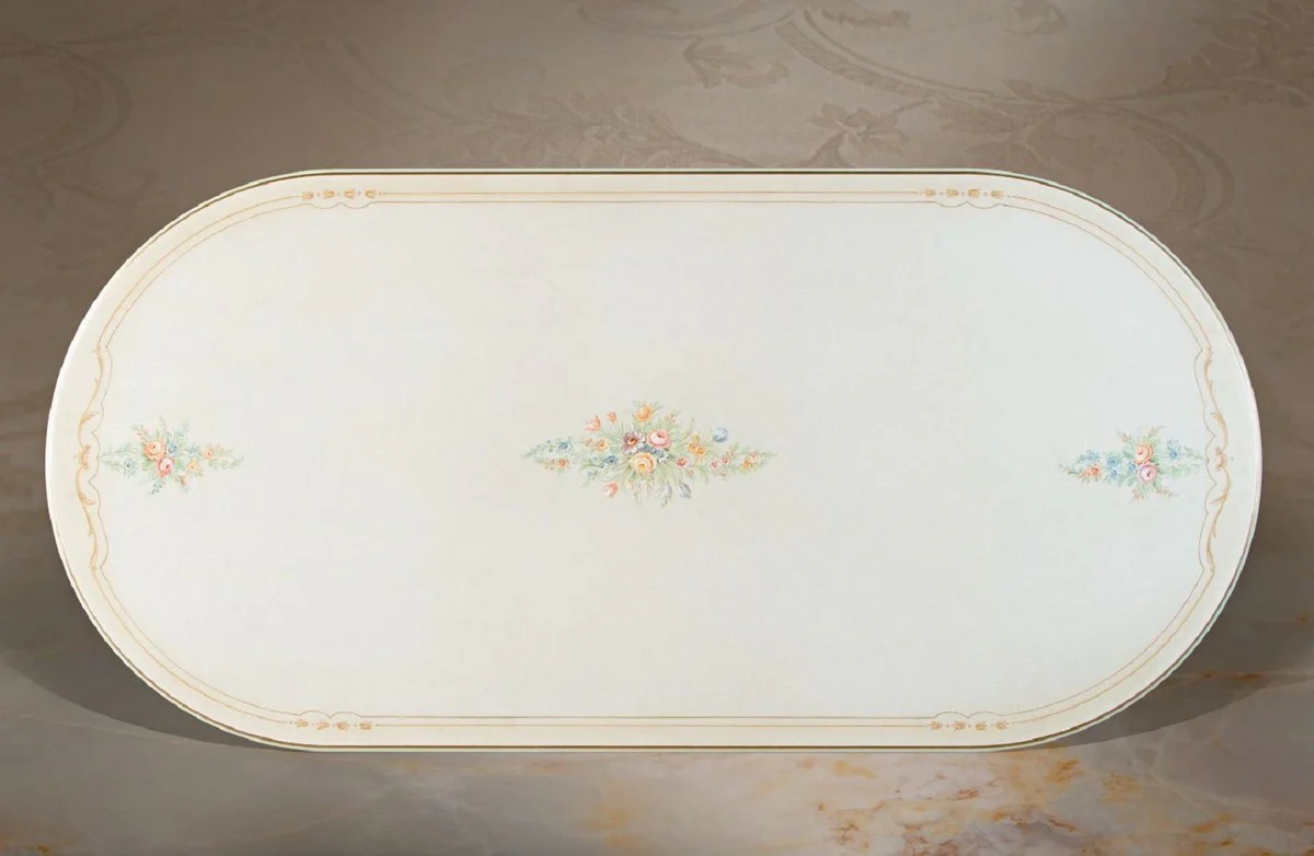 Luxus Barock Esstisch Weiß / Cremefarben / Mehrfarbig / Gold - Ovaler Massivholz Esszimmertisch im Barockstil - Barock Esszimmer Möbel - Luxus Qualität - Made in Italy