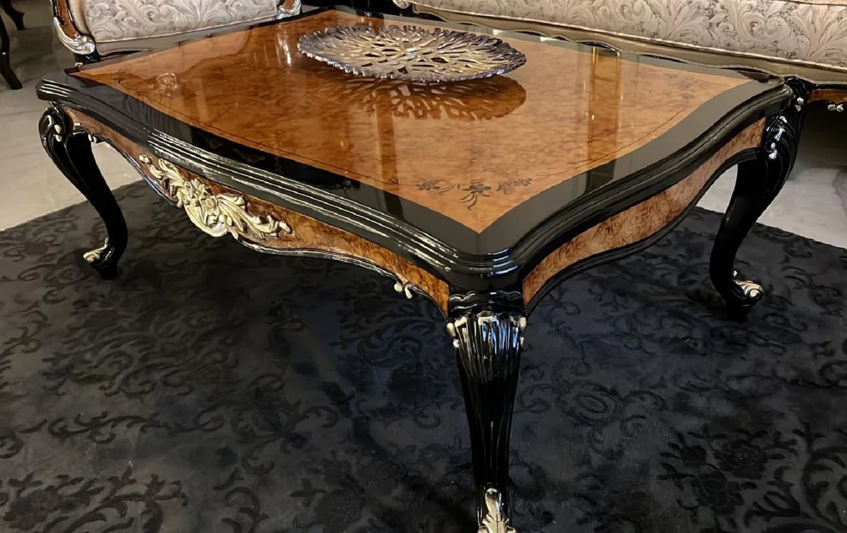 Luxus Barock Couchtisch Braun / Schwarz / Gold - Massivholz Wohnzimmertisch im Barockstil - Barockstil Wohnzimmer Möbel - Barock Möbel - Barock Einrichtung - Luxus Möbel im Barockstil