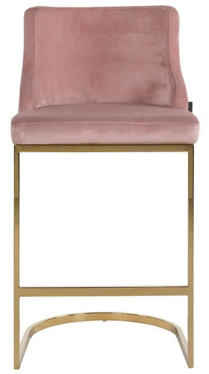 Luxus Barstuhl Rosa / Gold 48 x 49 x H. 103 cm - Gepolsterter Barhocker mit edlem Samtstoff und Edelstahl Beinen - Luxus Barmöbel