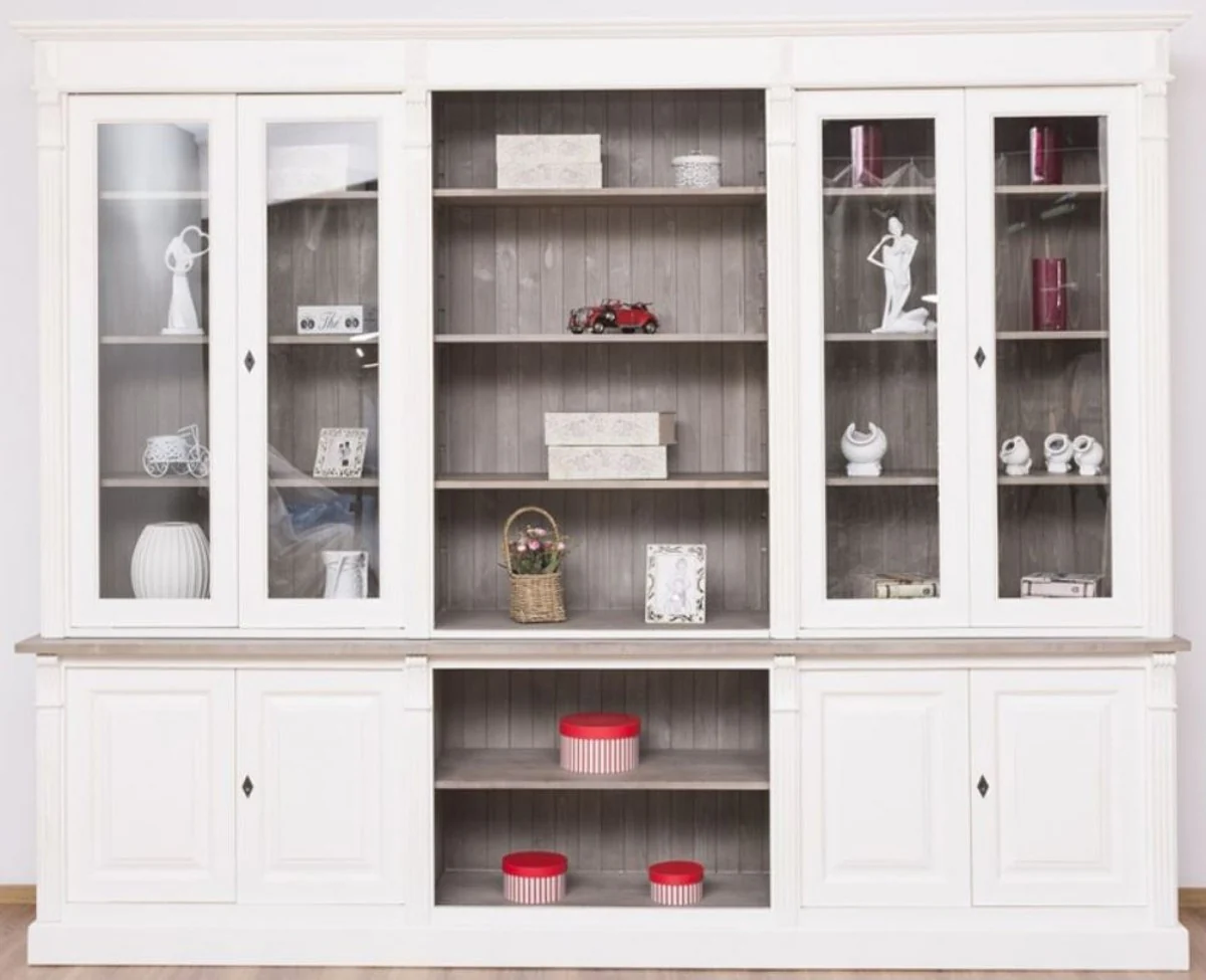 Landhausstil Bücherschrank Weiß / Braungrau 286 x 51 x H. 228 cm - Massivholz Schrank - Wohnzimmerschrank - Büroschrank - Landhausstil Möbel