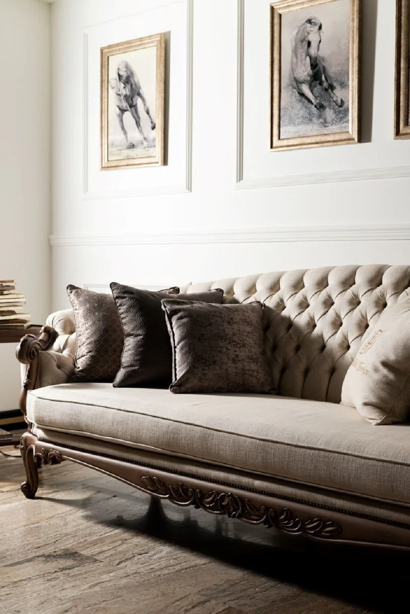 Luxus Barock Sofa Cremefarben / Braun - Handgefertigtes Wohnzimmer Sofa im Barockstil - Barock Wohnzimmer Möbel