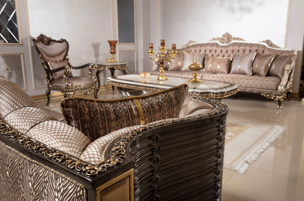 Luxus Barock Sofa Grau / Weiß / Dunkelbraun / Gold 255 cm