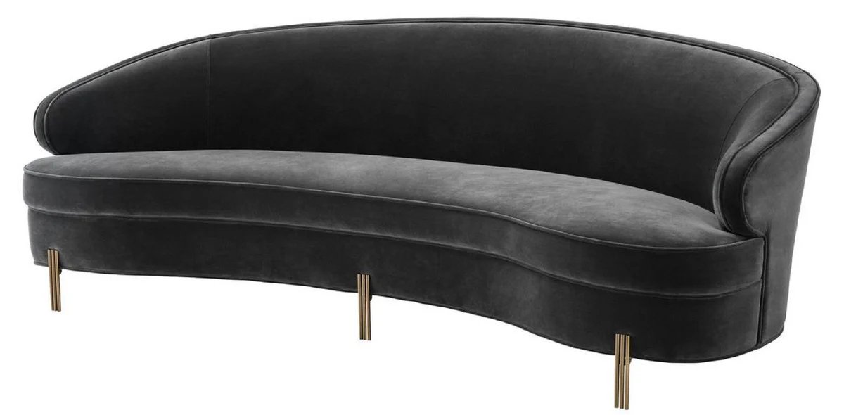 Luxus Samt Sofa Dunkelgrau / Messingfarben 230 x 103 x H. 78 cm - Gebogenes Wohnzimmer Sofa - Designer Möbel