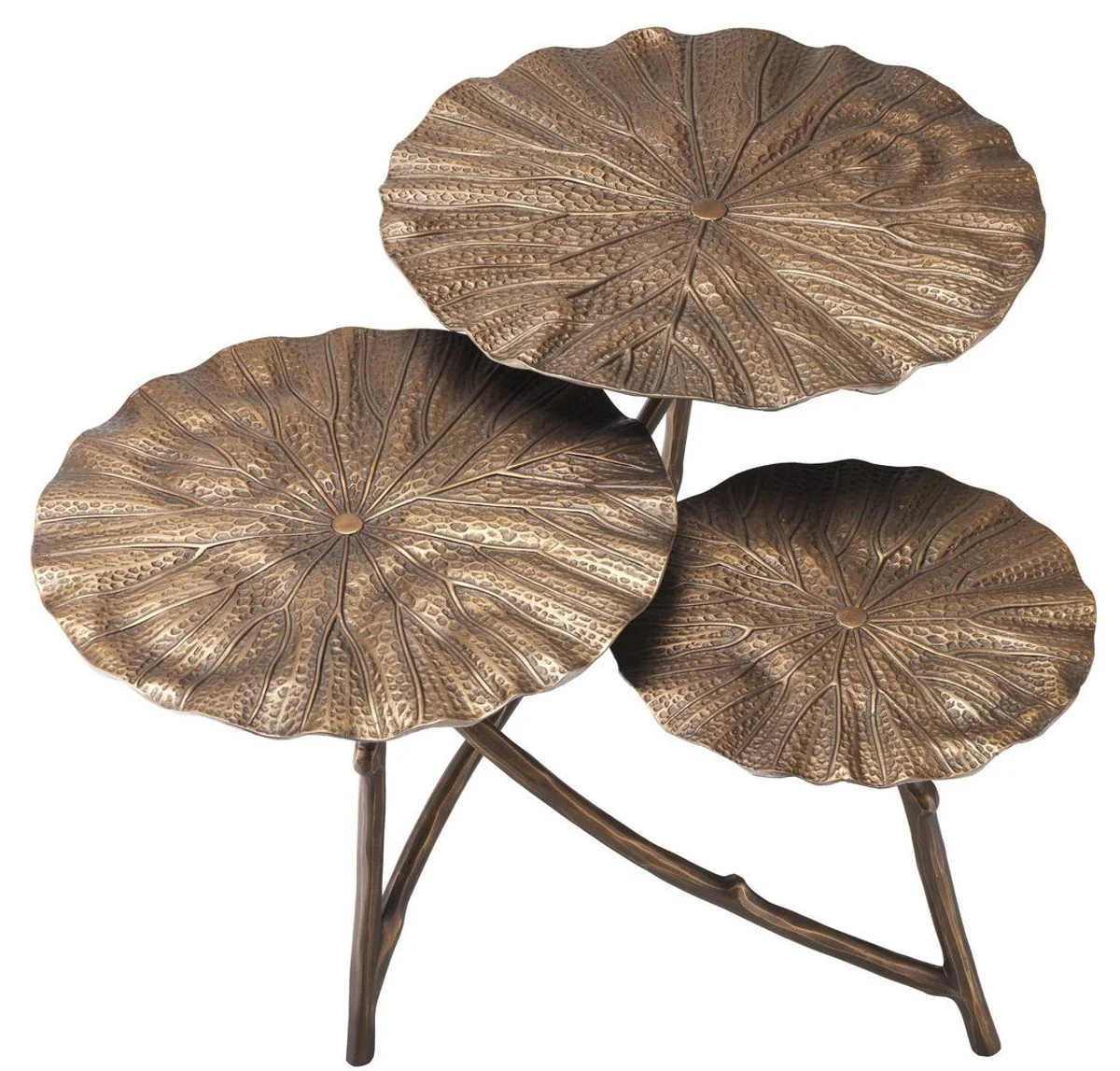 Designer Beistelltisch Antik Messing 76 x 62 x H. 47 cm - Aluminium Tisch mit 3 Tischplatten - Luxus Wohnzimmer Möbel