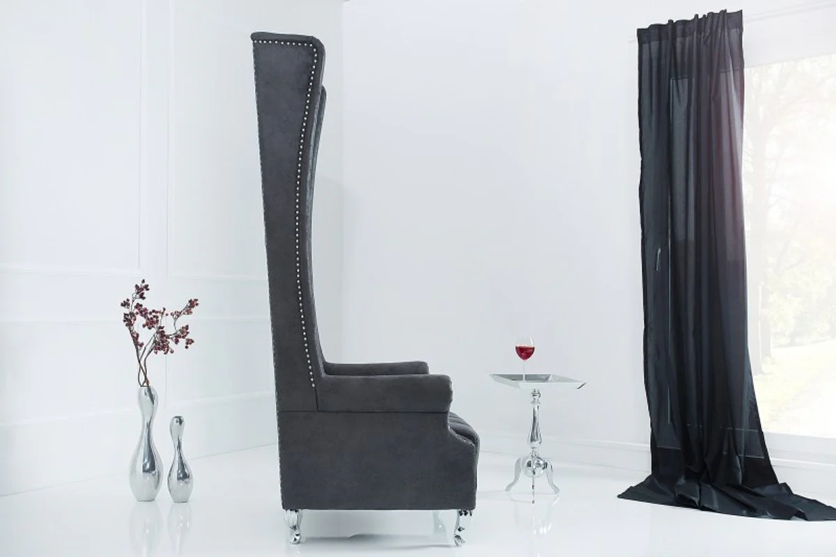 Chesterfield High Back Sessel Grau - Thron König Hochlehn Sessel - Modern Barock Hochlehner