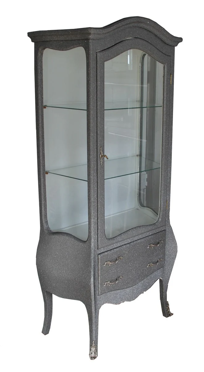 Barock Vitrine in Grau/Silber Glitzerlook - Vitrinenschrank - Wohnzimmerschrank