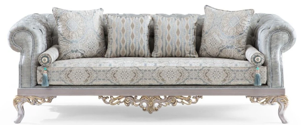 Luxus Barock Wohnzimmer Set Türkis / Silber / Gold - 2 Sofas & 2 Sessel & 1 Couchtisch - Wohnzimmer Möbel im Barockstil - Edel & Prunkvoll