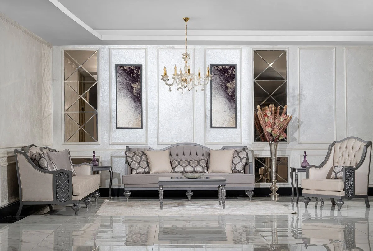 Luxus Barock Wohnzimmer Sofa Grau / Grau - Handgefertigtes Barockstil Sofa mit dekorativen Kissen - Luxus Wohnzimmer Möbel im Barockstil - Barock Möbel