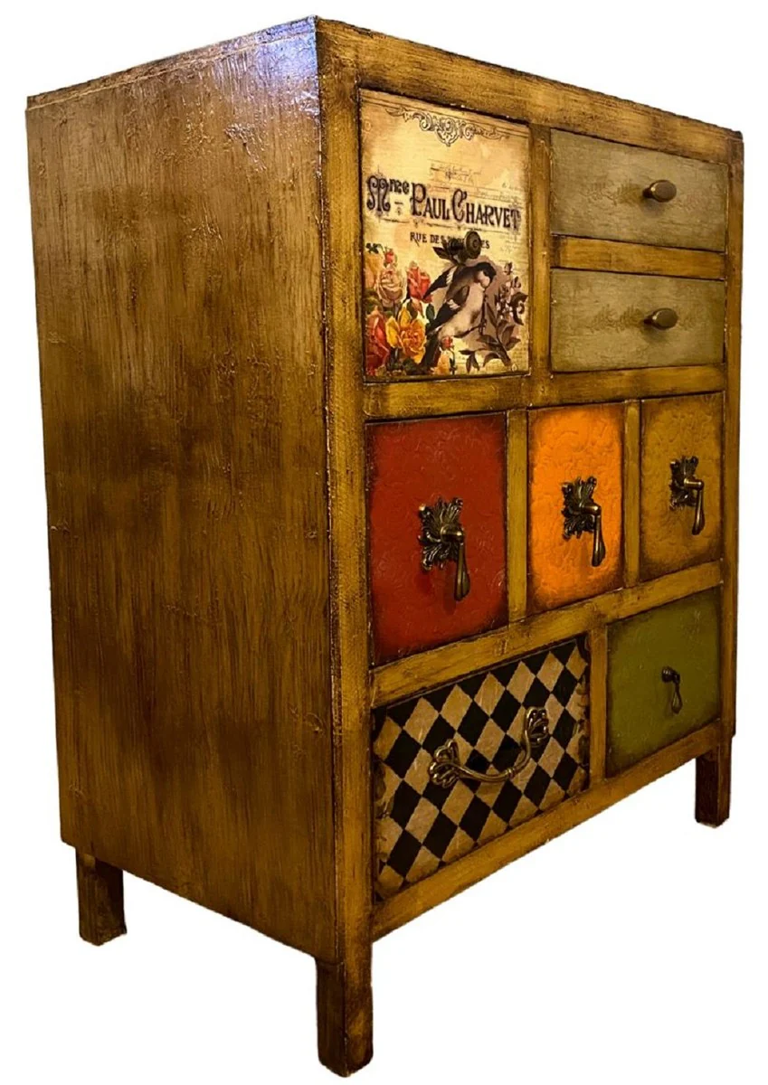 Luxus Landhausstil Kommode Braun / Mehrfarbig - Handgefertigter Massivholz Schrank mit 8 Schubladen - Landhausstil Möbel