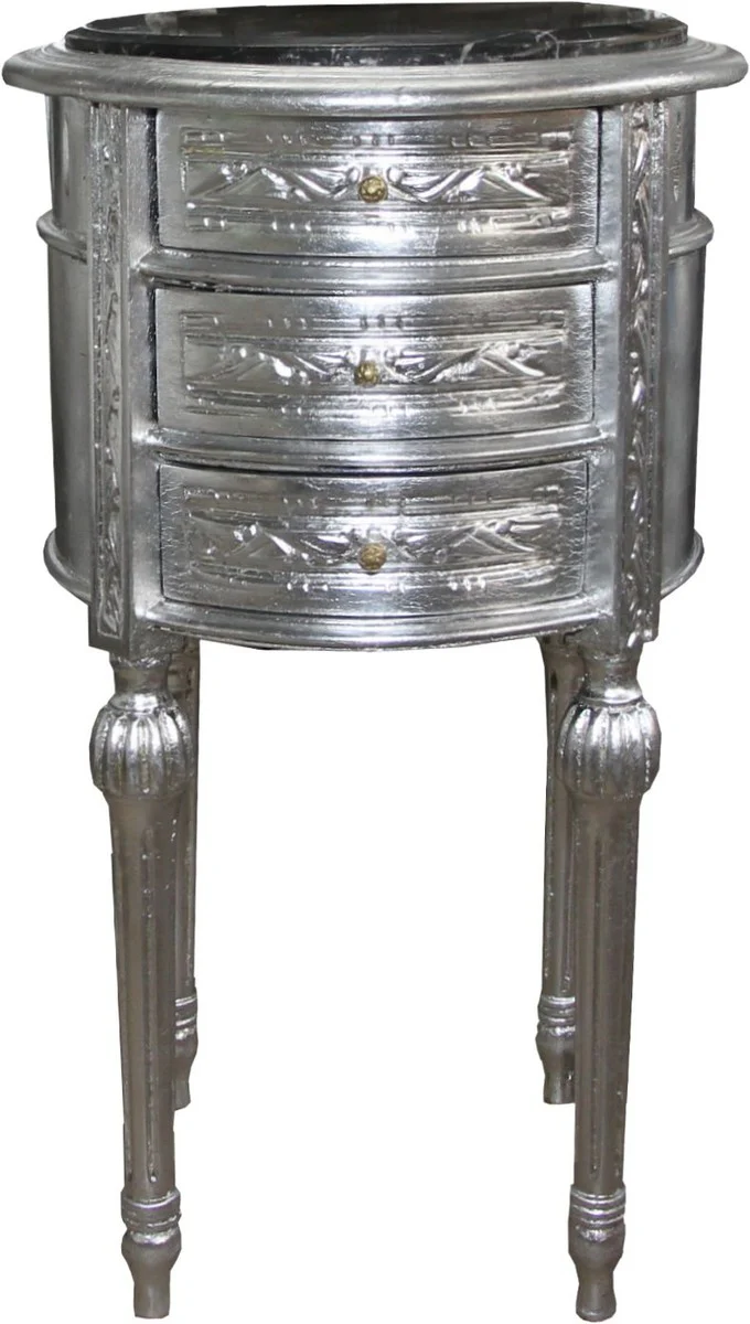 Barock Kommode / Beistelltisch Silber mit schwarzer Marmorplatte Höhe 72 cm, Durchmesser 41 cm - Nachttisch Konsole