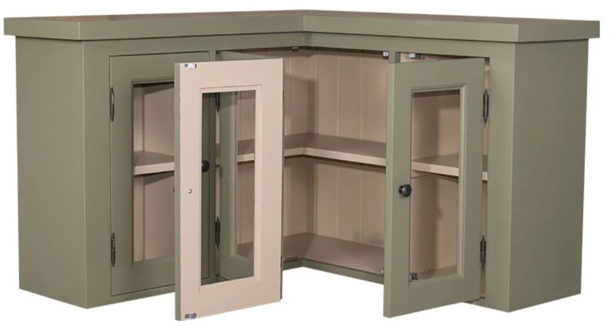 Landhausstil Küchen Eckoberschrank Grün / Beige 98 x 98 x H. 65 cm - Landhausstil Hängeschrank mit 3 Glastüren