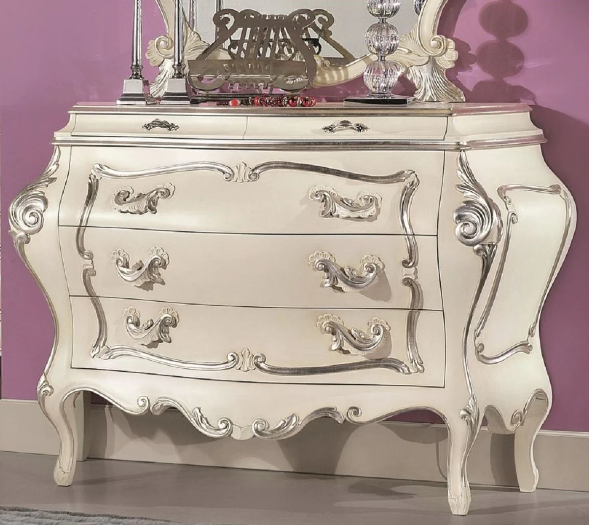 Luxus Barock Kommode Creme / Silber - Handgefertigte Massivholz Kommode mit 5 Schubladen - Luxus Schlafzimmer Möbel im Barockstil - Barock Möbel - Luxus Qualität - Made in Italy