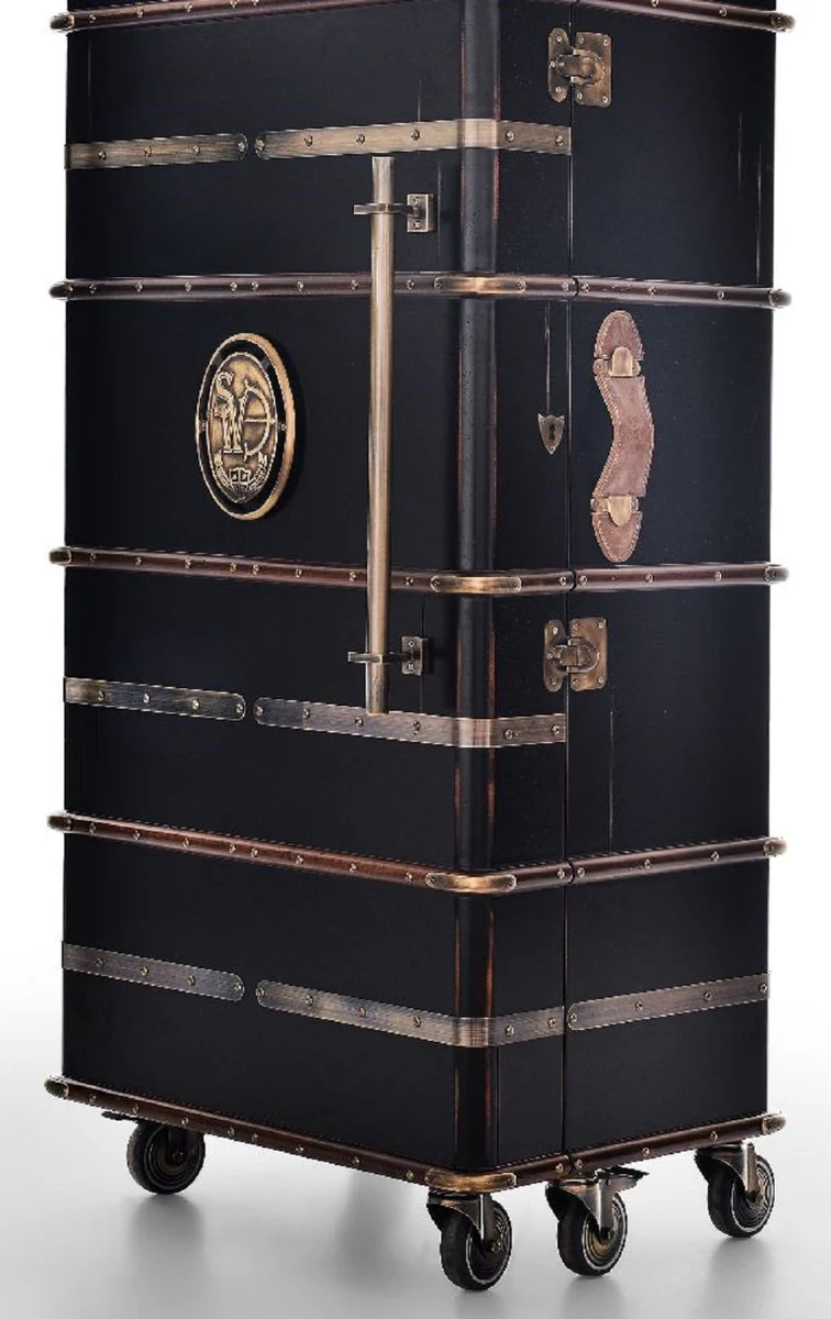 Luxus Barschrank mit Rollen Antik Schwarz 73,5 x 54 x H. 173,5 cm - Kofferschrank im Retro Look - Retro Stil Weinschrank - Bar Möbel - Luxus Möbel