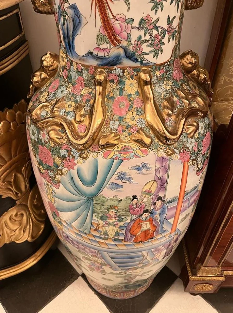 Luxus Barock Deko Vase Weiß / Mehrfarbig / Gold Ø 43 x H. 124 cm - Antike Chinesische Porzellan Vase - Chinesische Luxus Barock Deko Accessoires