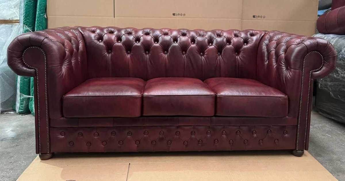 Luxus Chesterfield Leder Sofa Bordeauxrot / Dunkelbraun 200 cm